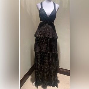 A.L.C Black and gold cut out polkadot silk chiffon maxi dress size small/ 4